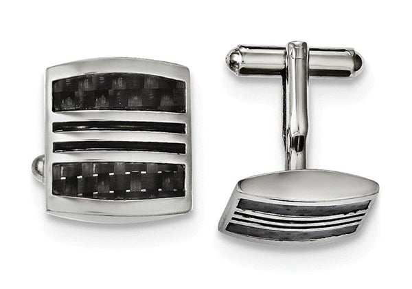 Stainless Steel Black Carbon Fiber Inlay and Enamel Cuff Links, 19X21MM