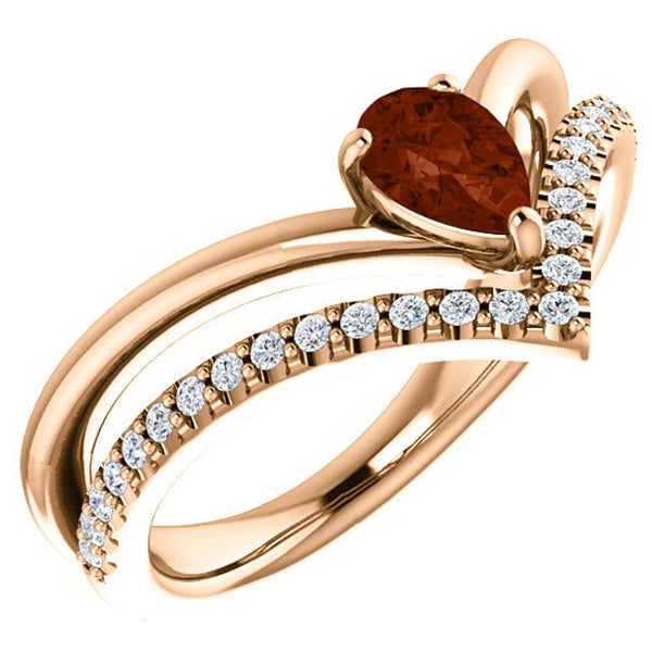 Mozambique Garnet Pear and Diamond Chevron 14k Rose Gold Ring (.145 Ctw,G-H Color, I1 Clarity)