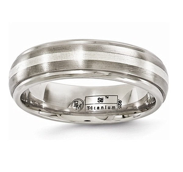 Silver Inlay Collection Brushed and Polished Titanium, Argentium Silver 6mm Band