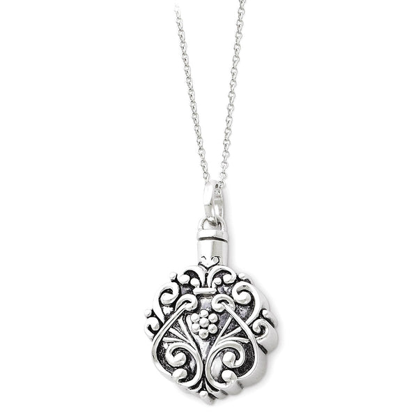 Antiqued Circle Remembrance Ash Holder Rhodium Plate Sterling Silver Pendant Necklace, 18"