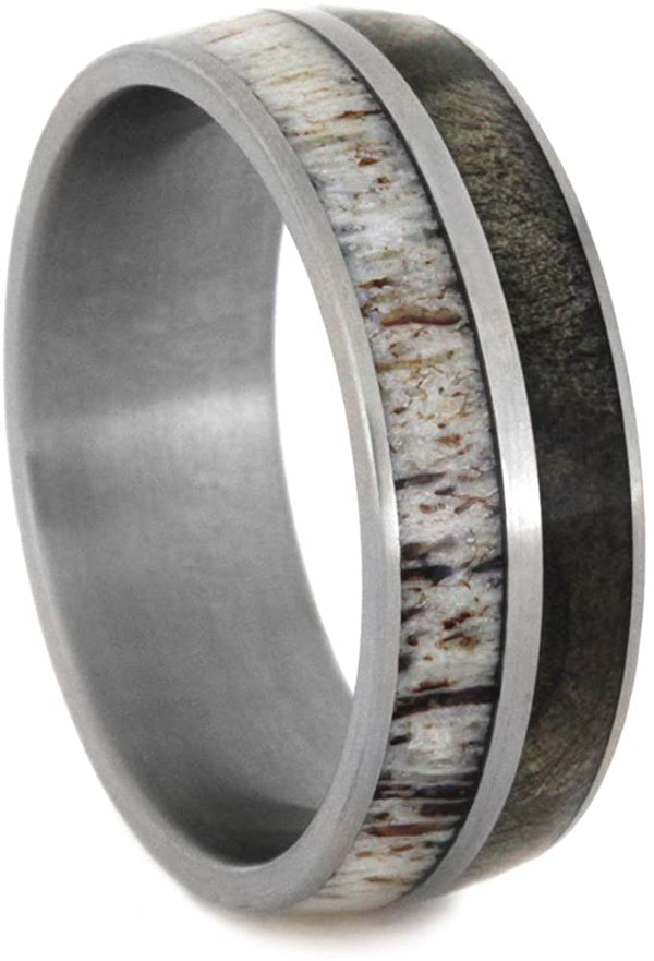 Deer Antler, Buckeye Burl Wood 8mm Comfort-Fit Matte Titanium Wedding Band, Size 15.25