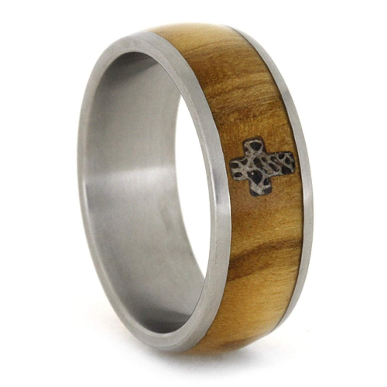 Bethlehem Olive Wood, Antler Cross 8mm Comfort-Fit Matte Titanium Band, Size 13