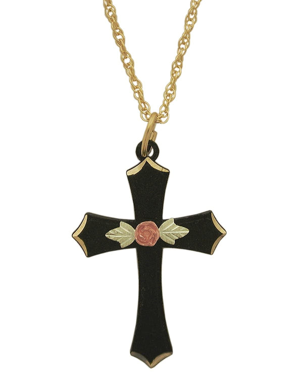 Black Passion Cross Pendant Necklace, 10k Yellow Gold, 12k Green Gold, 12k Rose Gold Black Hills Gold, 18''