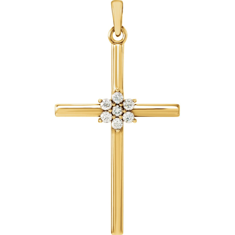 7-Stone Diamond Cluster Christian Cross 14k Yellow Gold Pendant (.07 Ctw) 22.80X11.30MM