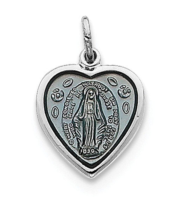 Rhodium-Plated Sterling Silver Miraculous Heart Medal (19X12MM)