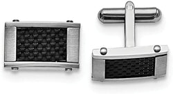 Stainless Steel Satin-Brushed, Black Carbon Fiber Inlay Rectangle Cuff Links, 11X18MM