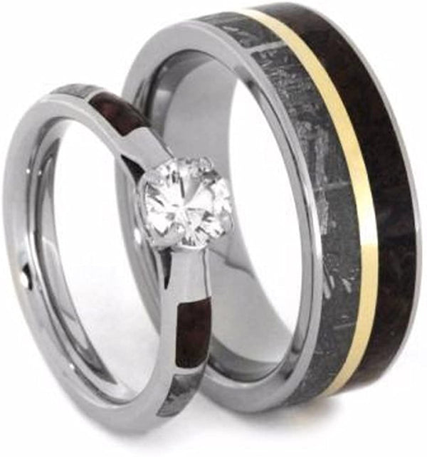 His and Hers Wedding Set, White Sapphire 10k White Gold Ring, Dinosaur Bone and Gibeon Meteorite Titanium Wedding Bands, M16-F4.5