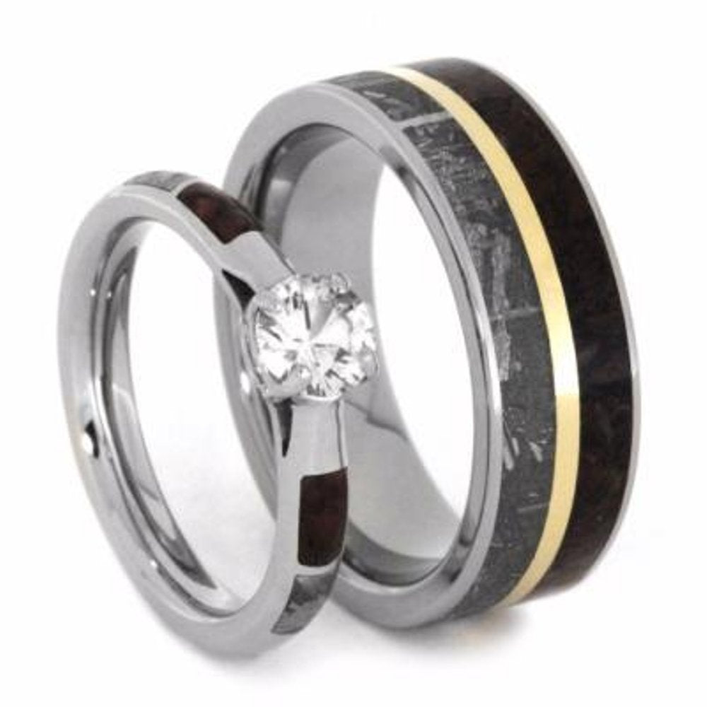 The Men's Jewelry Store (Unisex Jewelry) His and Hers Wedding Set, White Sapphire 10k White Gold Ring, Dinosaur Bone and Gibeon Meteorite Titanium Wedding Bands