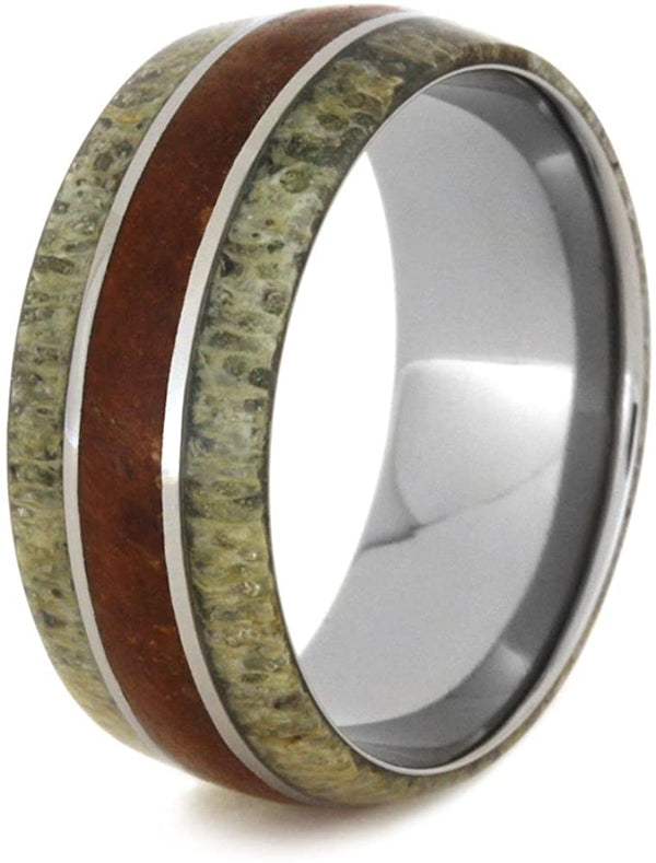 Deer Antler, Petrified Wood 10mm Comfort-Fit Titanium Ring, Size 5.75