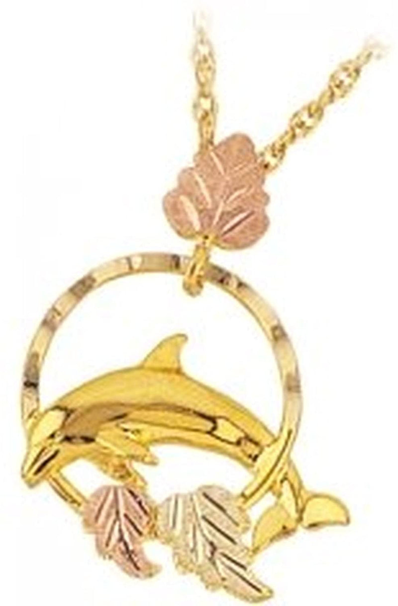 Mirror Polished Dolphin Pendant Necklace, 10k Yellow Gold, 12k Green and Rose Gold Black Hills Gold Motif, 18"