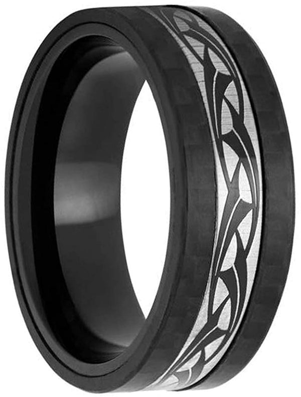 Men's Titanium, Black Carbon Fiber Tribal Design 8mm Comfort-Fit Band, Size 12.25