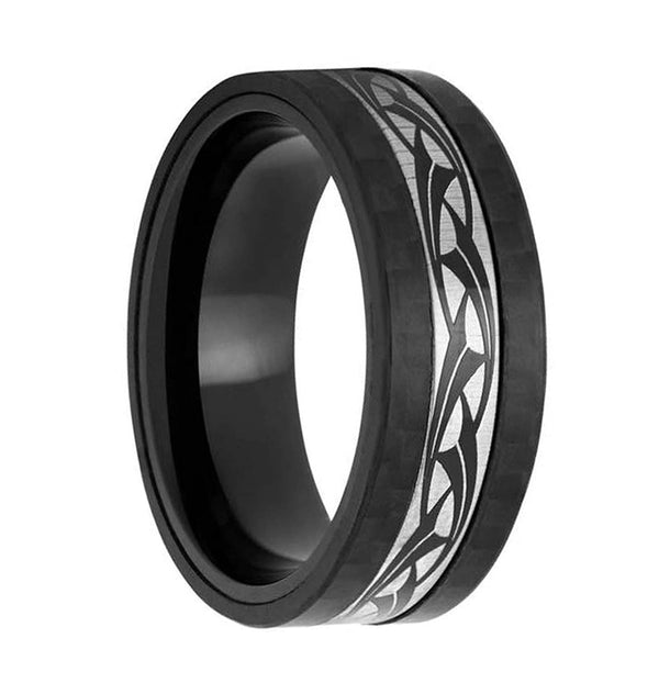 Men's Titanium, Black Carbon Fiber Tribal Design 8mm Comfort-Fit Band, Size 10