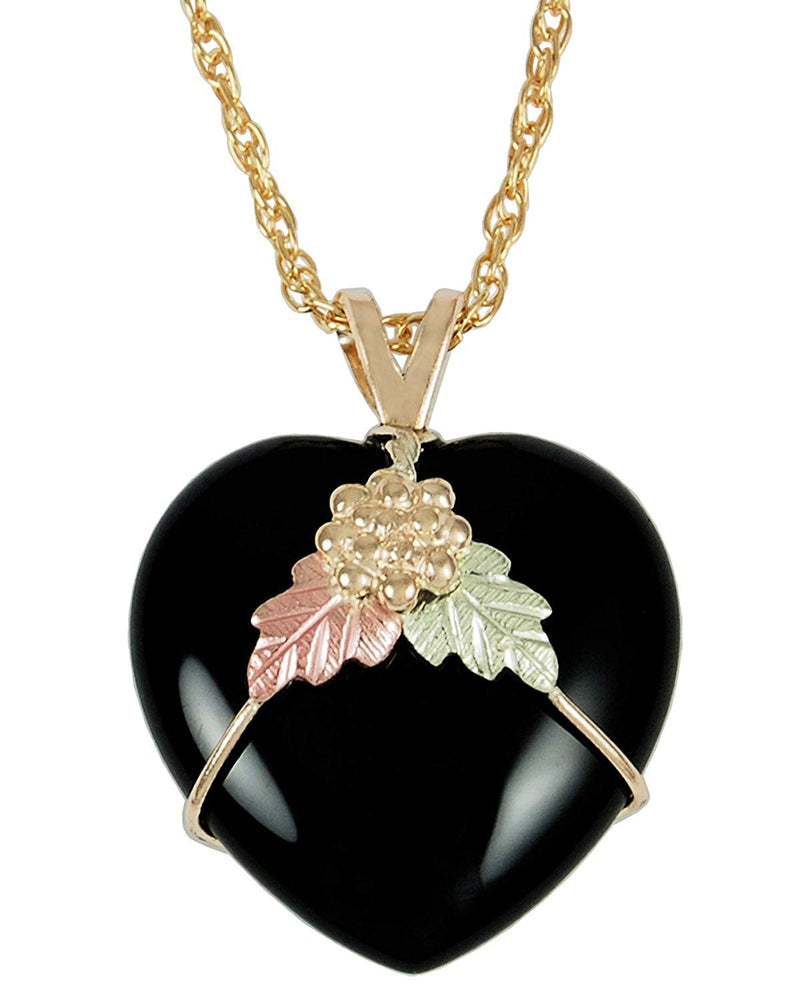 Onyx Heart Pendant Necklace, 10k Yellow Gold, 12k Green and Rose Gold Black Hills Gold Motif, 18"