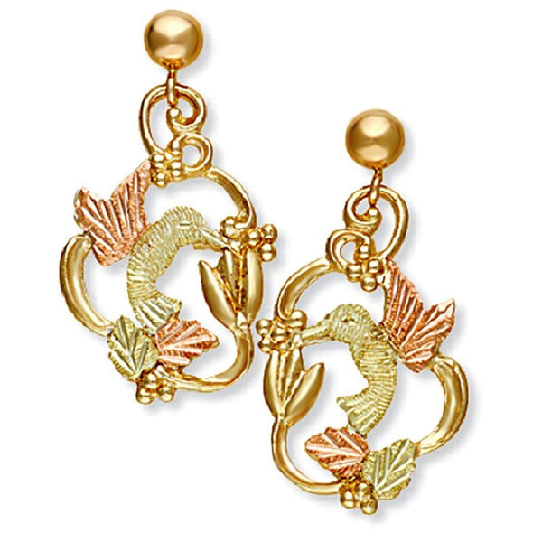 Hand-Engraved Hummingbird Earrings, 10k Yellow Gold, 12k Green and Rose Gold Black Hills Gold Motif
