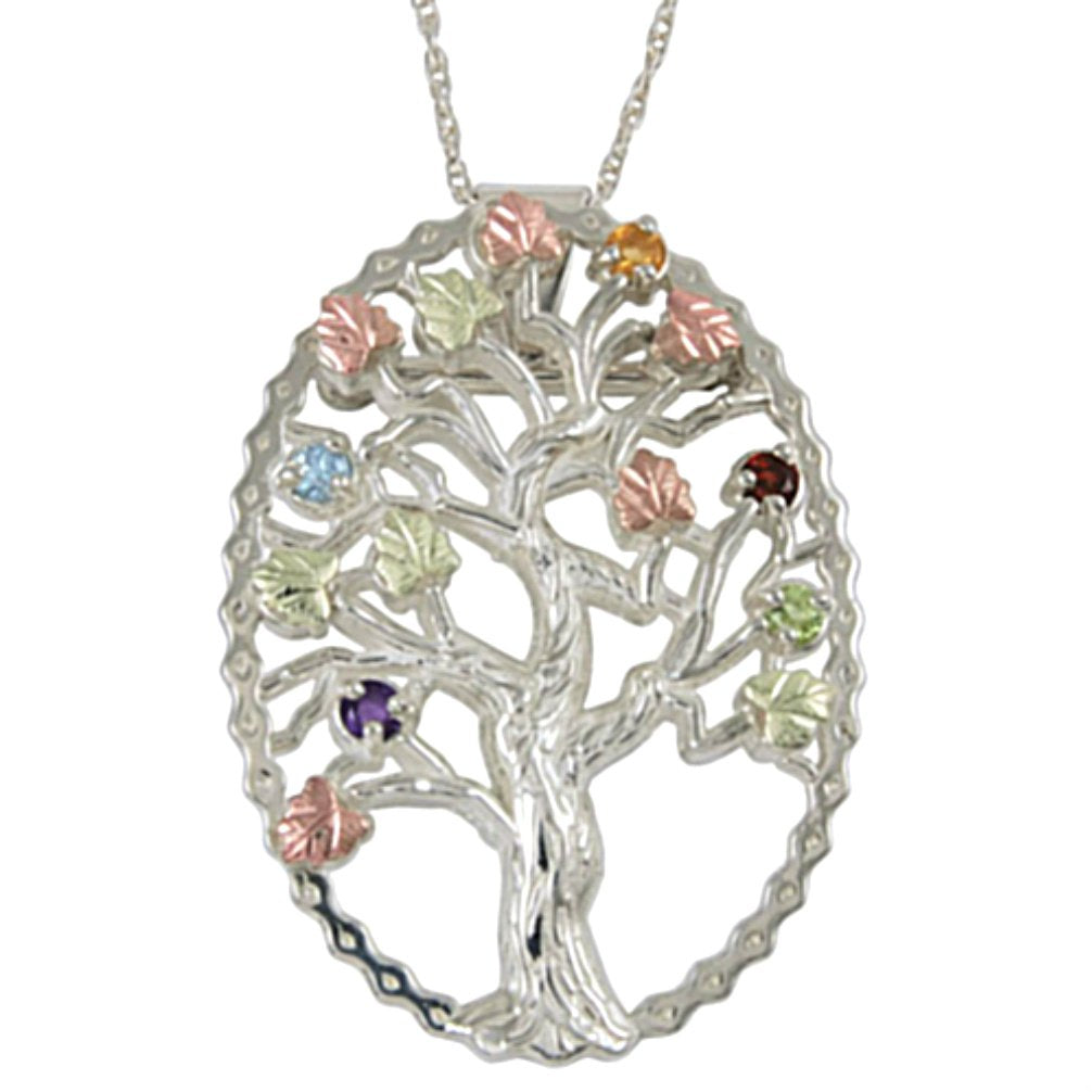 Multi Gemstone Tree Pendant Necklace, Sterling Silver, 12k Green and Rose Gold Black Hills Gold Motif, 18"