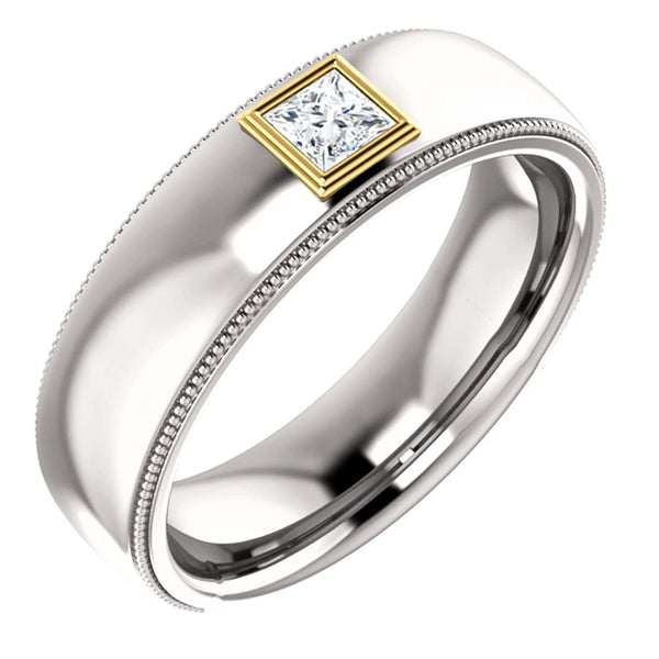 Men's Rhodium-Plated 14k White Gold Diamond and 14k Yellow Gold 6.8mm Milgrain Band (.25 Ctw, Color G-H, SI2-SI3 Clarity) Size 11.25