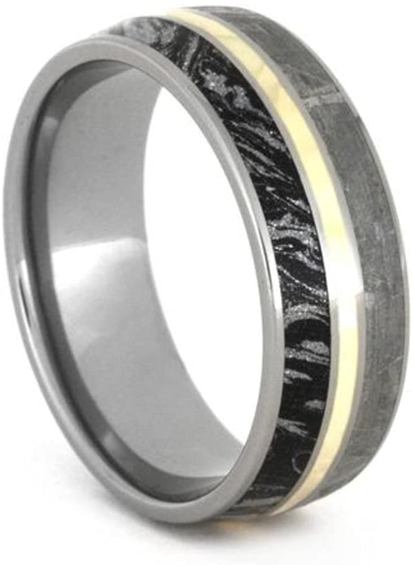The Men's Jewelry Store (Unisex Jewelry) Gibeon Meteorite, Black and White Mokume Gane, 14k Yellow Gold 8mm Titanium Comfort-Fit Ring, Size 8