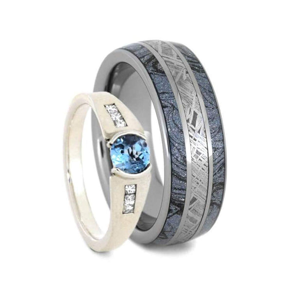 Blue Topaz, Meteorite, Mokume, Tungsten Comfort-Fit Sterling Silver Sleeve Couples Wedding Band Set