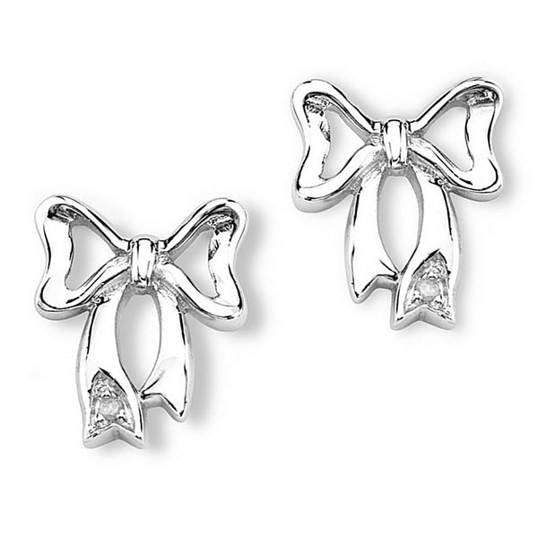 Diamond Bow Earrings, Rhodium Plated Sterling Silver