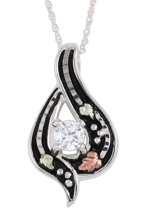 CZ Antiqued Pendant Necklace, Sterling Silver, 12k Green and Rose Black Hills Gold Motif, 18''