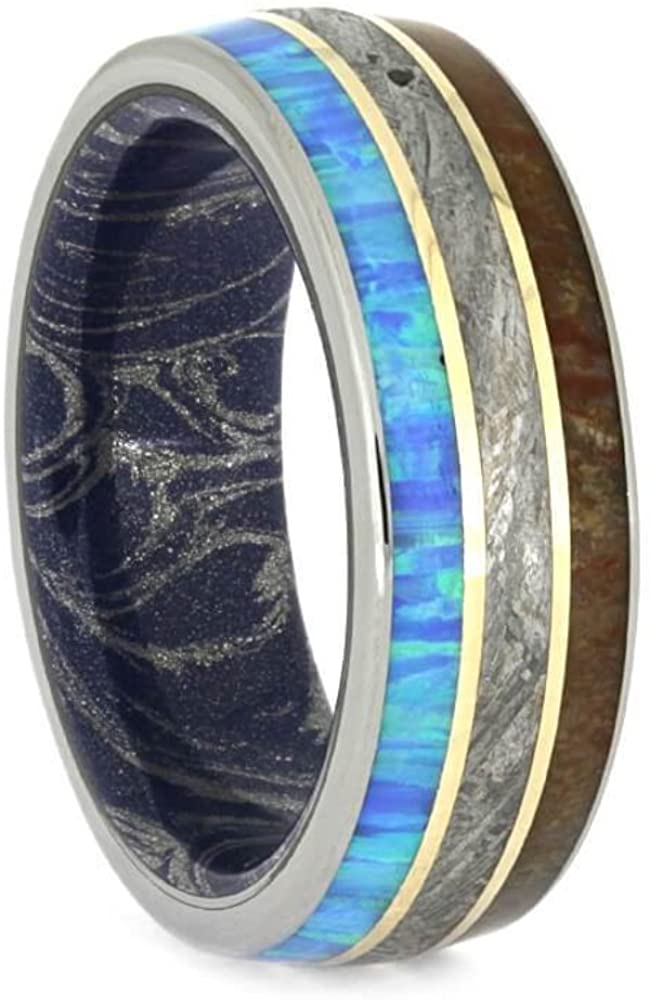 Synthetic Opal, Dinosaur Bone, Meteorite, 14k Yellow Gold, Titanium 8mm Comfort-Fit Mokume Sleeve Band, Size 10.25