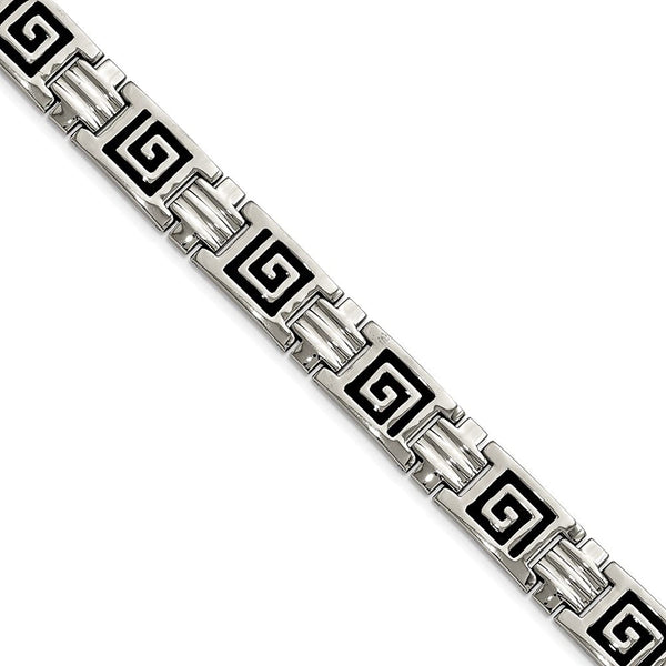 Men's Polished Stainless Steel 11mm Black Enamel Bracelet, 9"