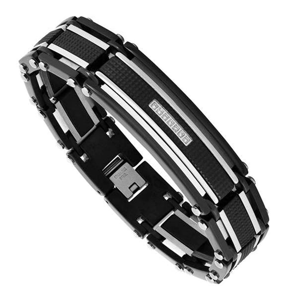 Men's Cubic Zirconia with Black Ion Plated Bracelet, Stainless Steel, 8.5"