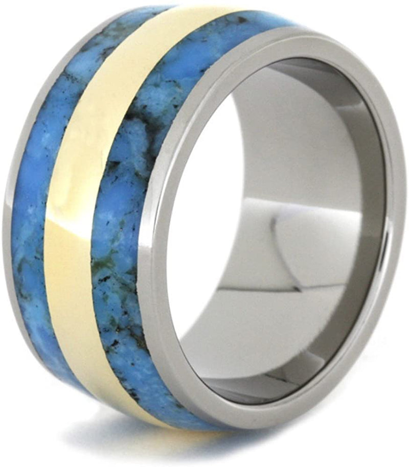 Turquoise, 14k Yellow Gold Inlay 11.5mm Comfort-Fit Titanium Wedding Band, Size 8.25