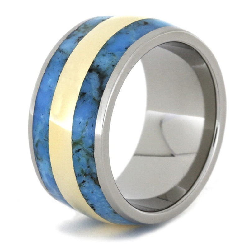 Turquoise, 14k Yellow Gold Inlay 11.5mm Comfort-Fit Titanium Wedding Band