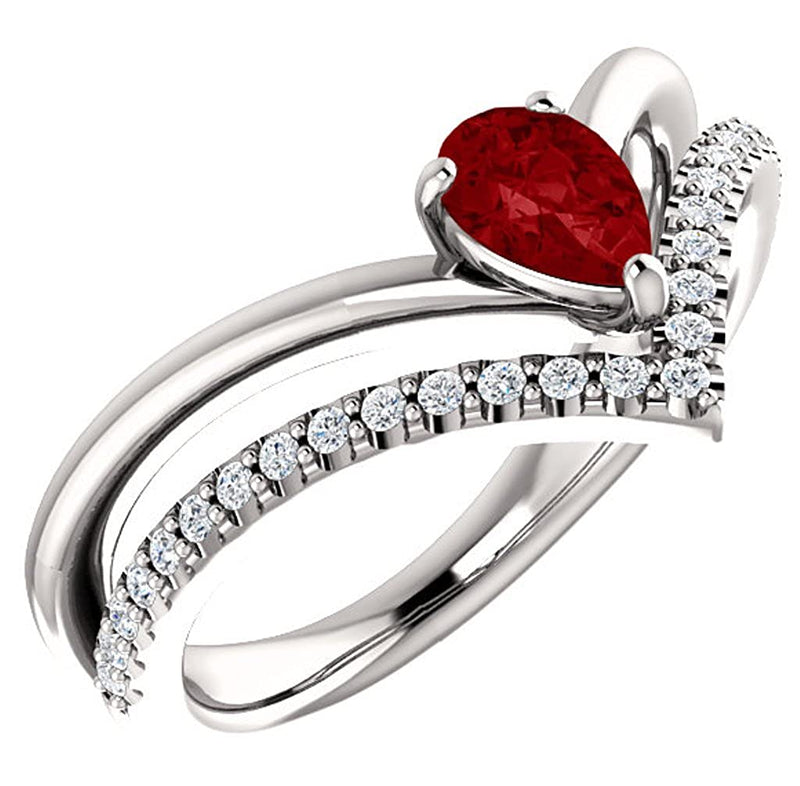 Ruby Pear and Diamond Chevron Platinum Ring (.145 Ctw, G-H Color, SI2-SI3 Clarity), Size 7.5