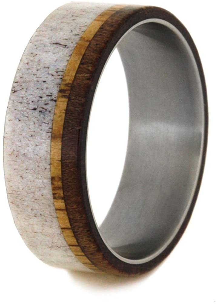 Deer Antler, Black Mesquite, Oak Wood 8mm Comfort-Fit Titanium Wedding Band, Size 6.25