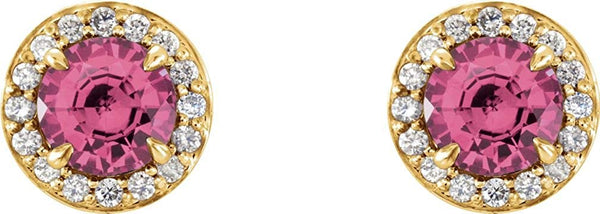 Pink Tourmaline and Diamond Halo-Style Earrings, 14k Yellow Gold (5MM) (.16 Ctw, G-H Color, I1 Clarity)