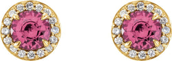 Pink Tourmaline and Diamond Halo-Style Earrings, 14k Yellow Gold (4.5MM) (.16 Ctw, G-H Color, I1 Clarity)