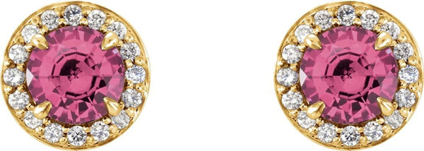 Pink Tourmaline and Diamond Halo-Style Earrings, 14k Yellow Gold (3.5MM) (.125 Ctw, G-H Color, I1 Clarity)
