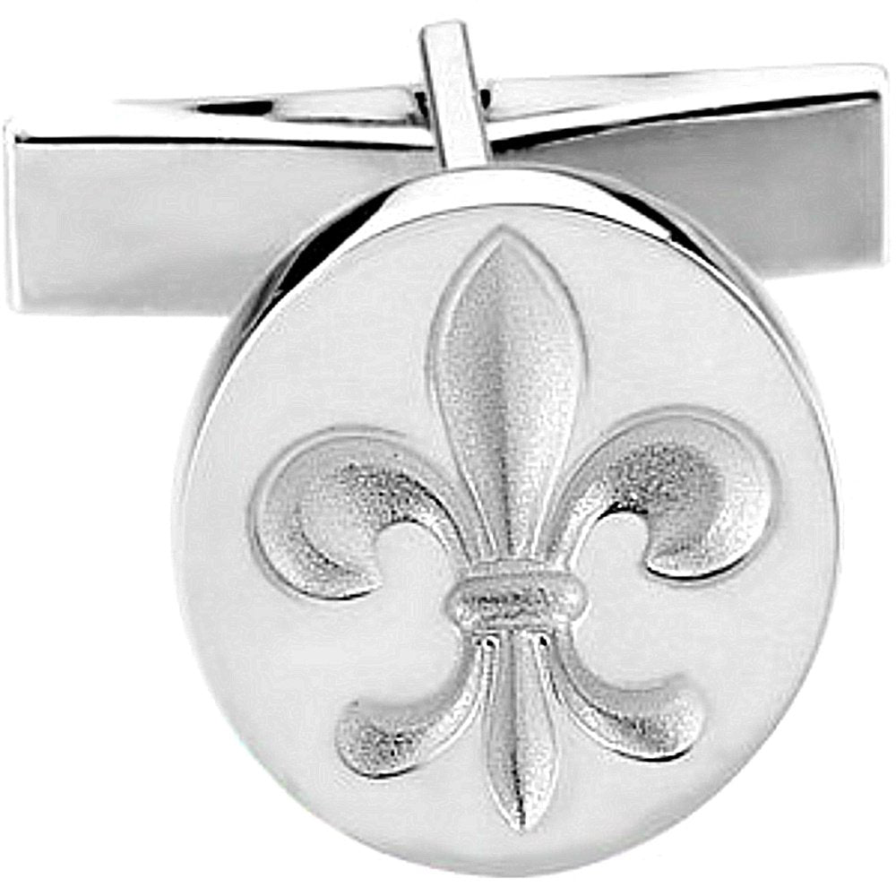 Rhodium-Plated 14k White Gold Fleur De Lis Round Cuff Link (Single Cuff Link), 16.25MM