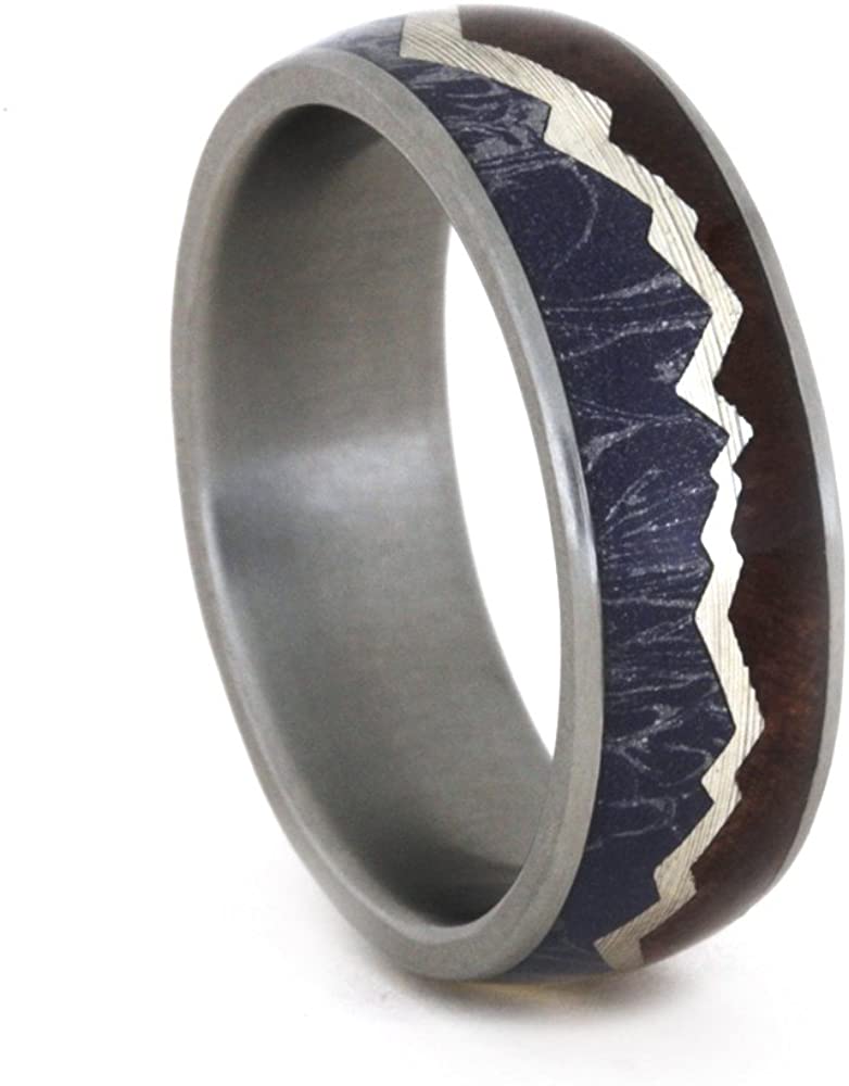 Redwood Mountain Design with Blue, Bronze, Silver Mokume, Sterling Silver 7mm Comfort-Fit Matte Titanium Band, Size 10.75