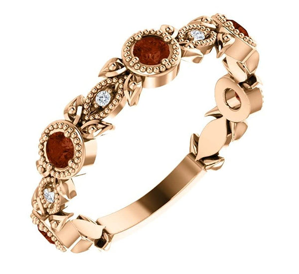 Mozambique Garnet and Diamond Vintage-Style Ring, 14k Rose Gold, Size 6.5