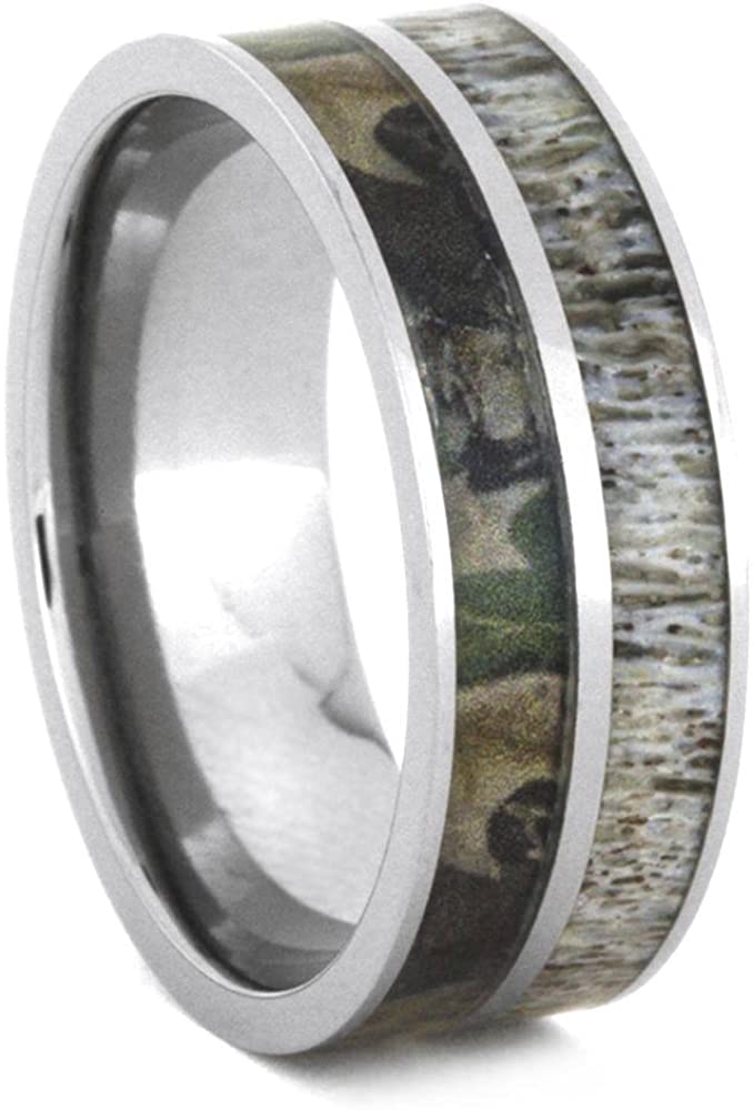 Forever One Moissanite, Camo Engagement Ring and Deer Antler, Camo Print Titanium Band, His and Her Wedding Band Set, M13.5-F8.5