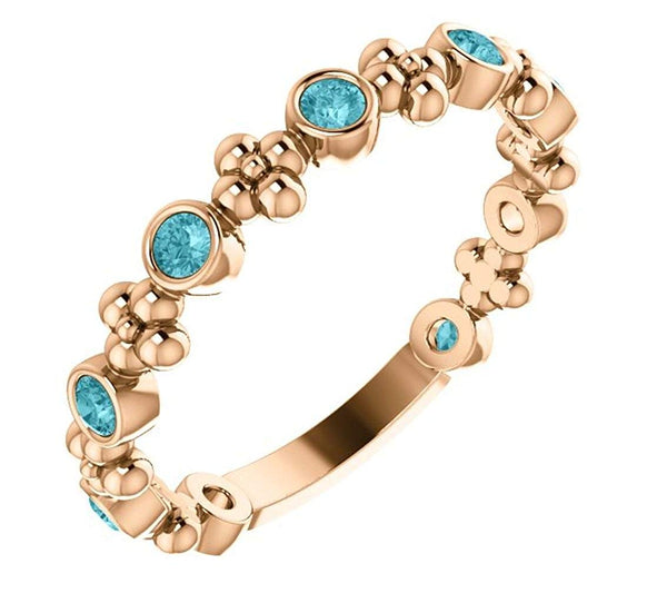 Genuine Blue Zircon Beaded Ring, 14k Rose Gold