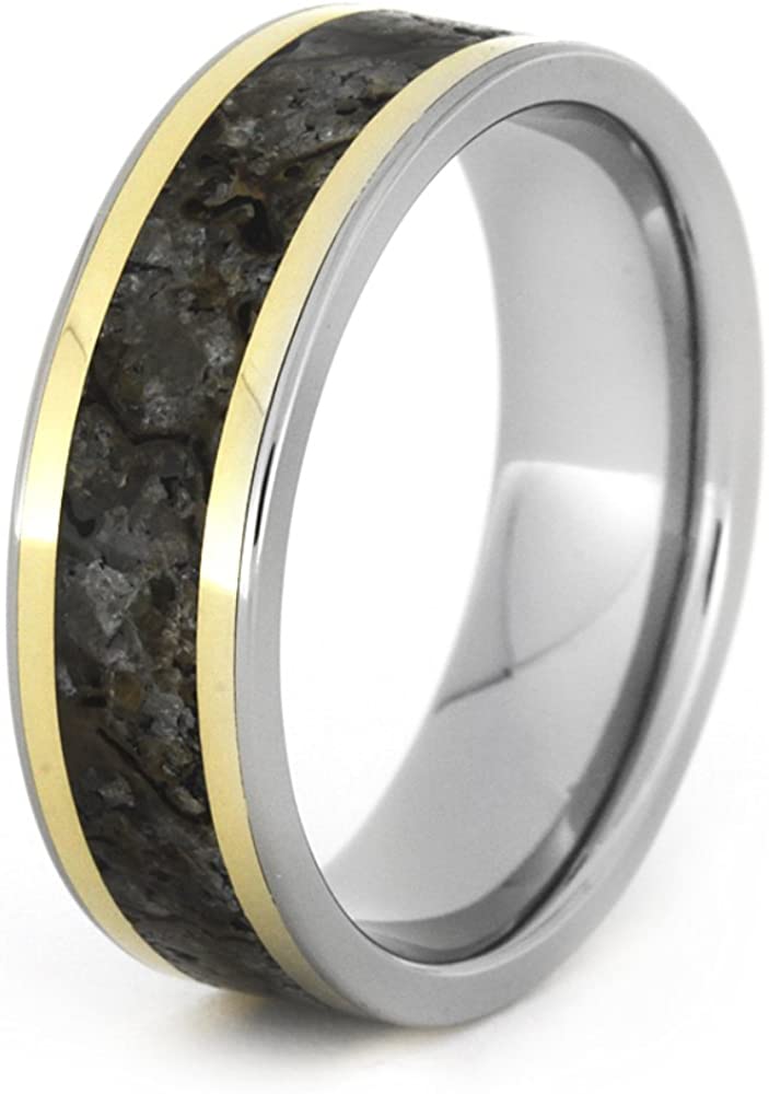 Dinosaur Bone, 18k Yellow Gold Pinstripes 7mm Comfort-Fit Titanium Ring, Size 11.25