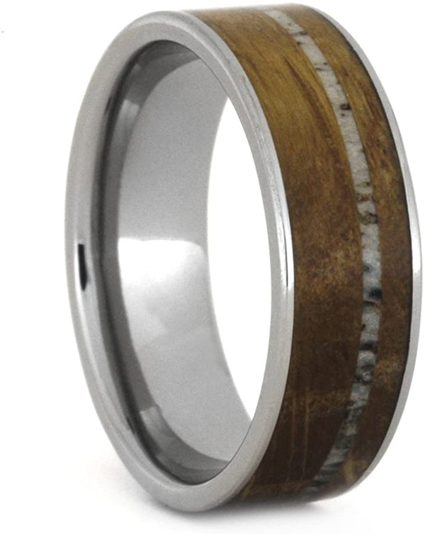 Whiskey Barrel Oak Wood, Deer Antler 7mm Comfort-Fit Titanium Band, Size 11.25