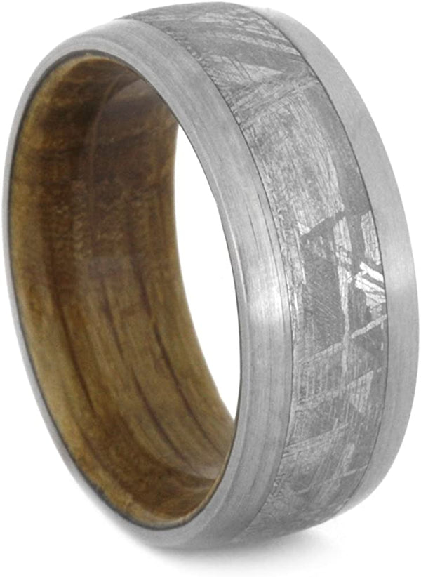 Whiskey Barrel Oak Wood, Gibeon Meteorite 9mm Comfort-Fit Brushed Titanium Band, Size 12.5