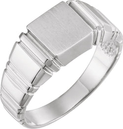 Men's Open Back Square Signet Semi-Polished 18k X1 White Gold Ring (11mm) Size 10