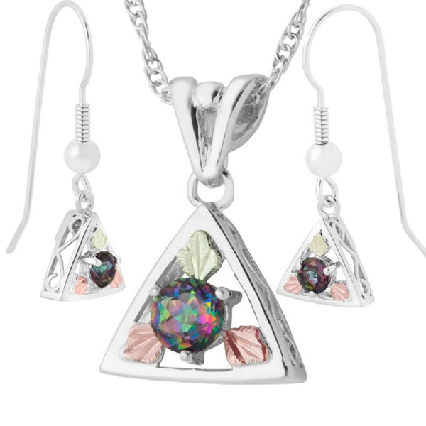 Mystic Fire Topaz Necklace and Earrings Set, Sterling Silver, 12k Green and Rose Gold Black Hills Gold Motif