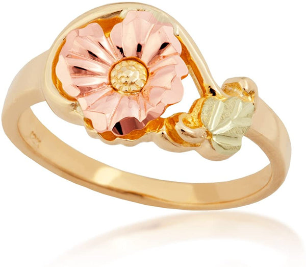 Hibiscus Flower Ring, 10k Yellow Gold, 12k Green and Rose Gold Black Hills Gold Motif, Size 7.5