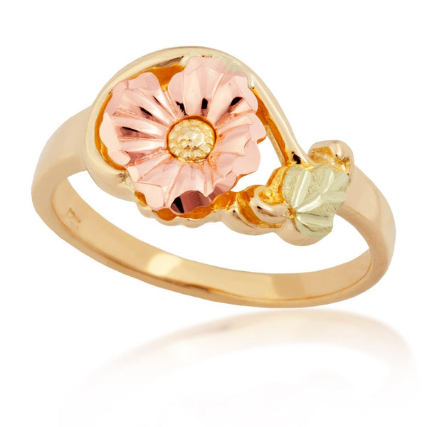 Hibiscus Flower Ring, 10k Yellow Gold, 12k Green and Rose Gold Black Hills Gold Motif