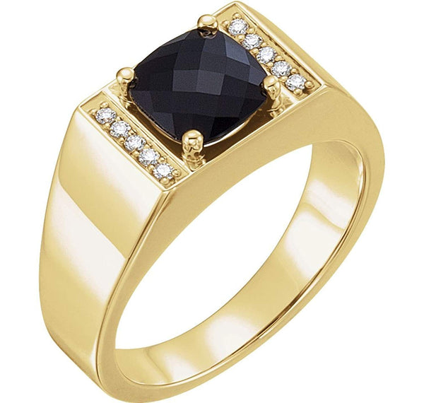 Men's Antique Square Checkerboard Onyx and Diamond Ring, 14k Yellow Gold (.10 Ctw, G-H Color, I1 Clarity)