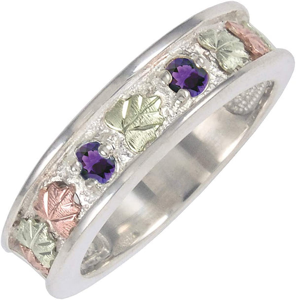 Rhodium-Plate Sterling Silver 2-Stone Amethyst 12k Rose Gold, 12k Green Black Hills Gold Ring, Size 6.25