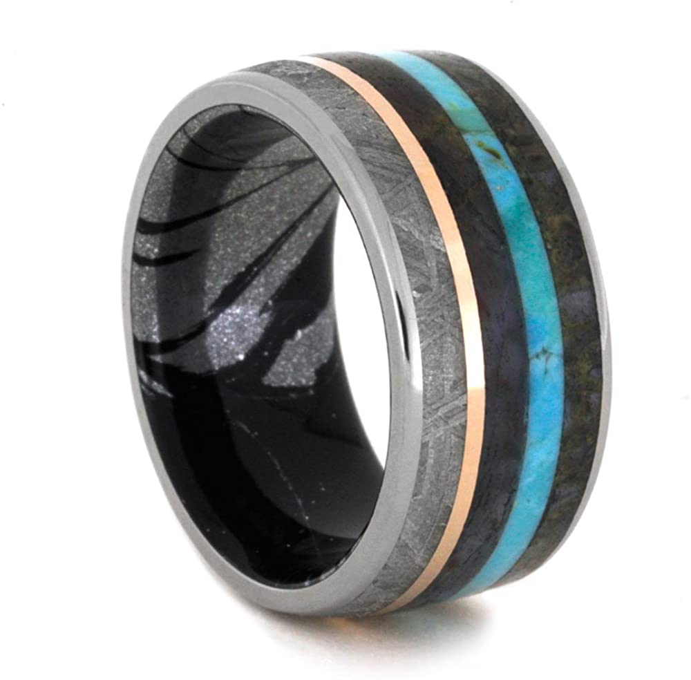 Dinosaur Bone, Meteorite, Petrified Wood, 14k Rose Gold, Turquoise, Titanium 10mm Comfort-Fit Black and White Mokume Gane Band, Size 12.75