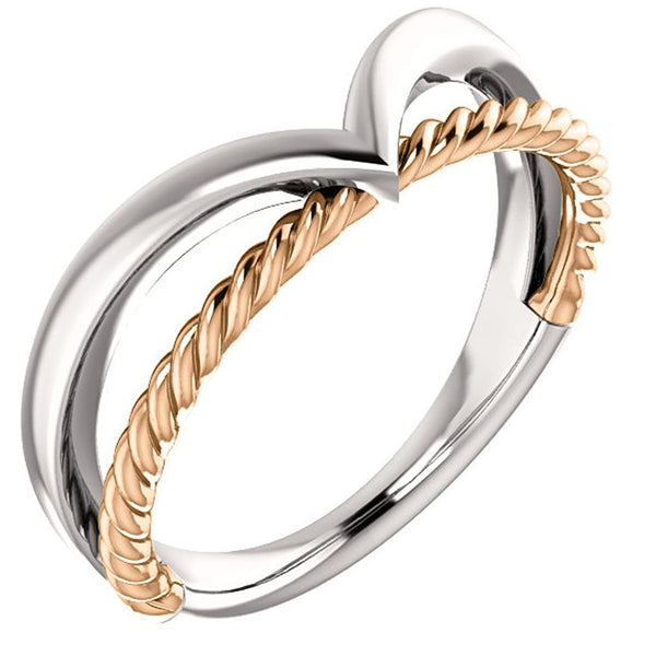Negative Space Rope Trim and Curved 'V' Ring, Rhodium-Plated 14k White and Rose Gold, Size 5.25